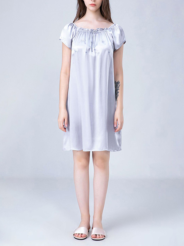 Gray Flower Embroidered Tie Collar Silk Nightdress