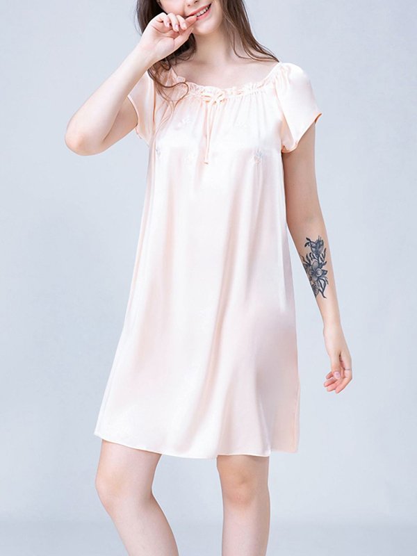 Pink Flower Embroidered Tie Collar Silk Nightdress