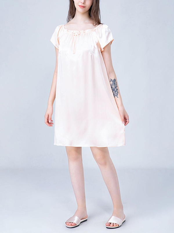 Pink Flower Embroidered Tie Collar Silk Nightdress