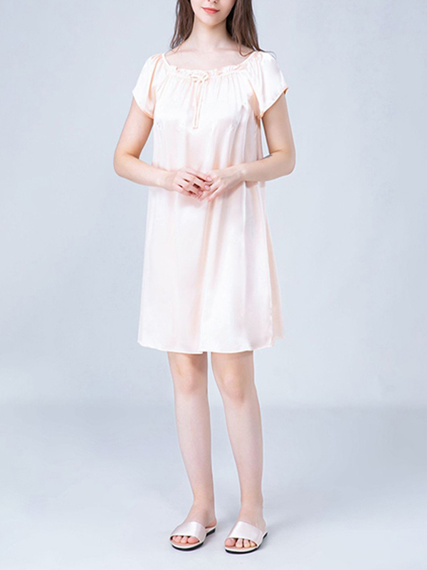 Pink Flower Embroidered Tie Collar Silk Nightdress