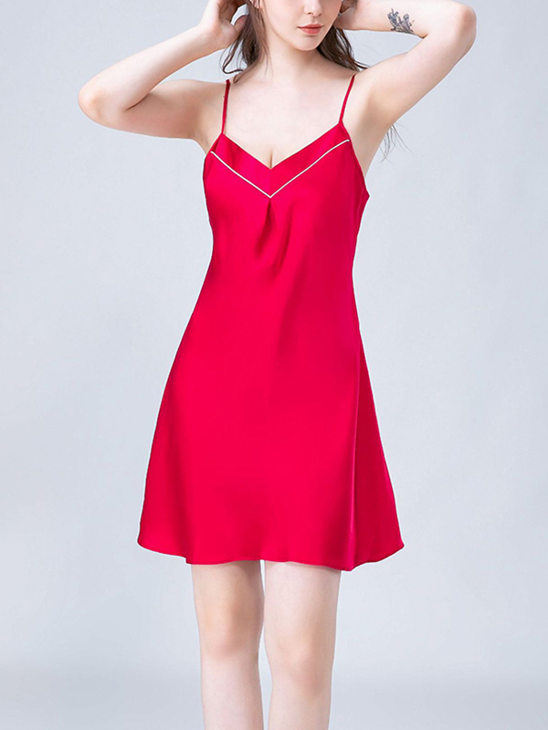 Red V Neck Silk Cami Sleep Dress