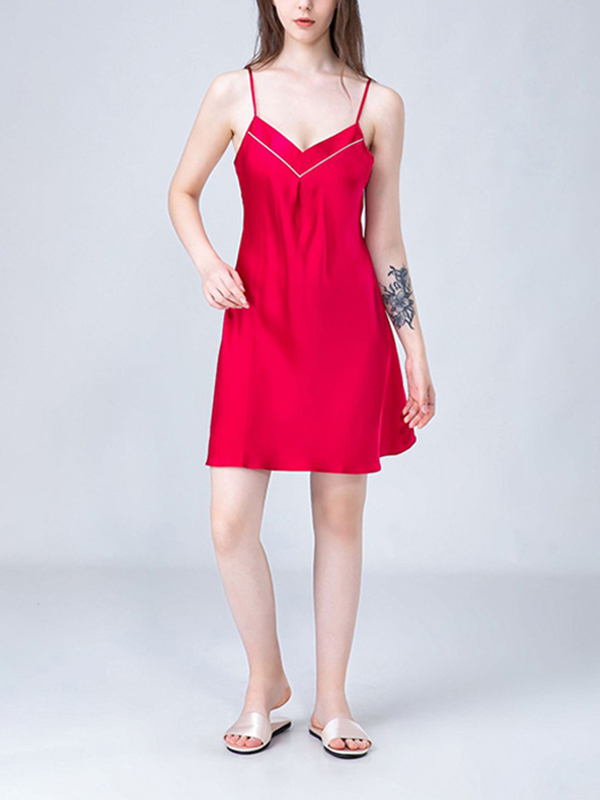 Red V Neck Silk Cami Sleep Dress