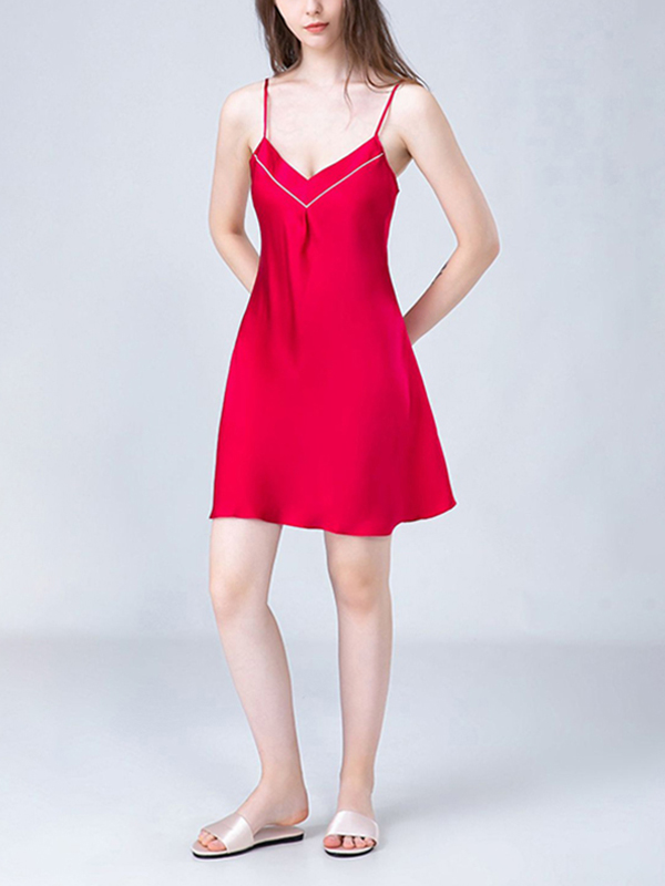 Red V Neck Silk Cami Sleep Dress