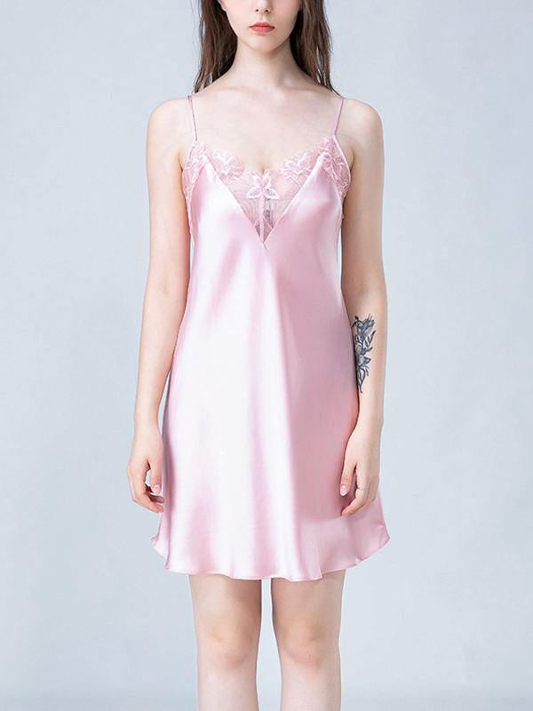 Pink Floral Lace Silk Cami Sleep Dress