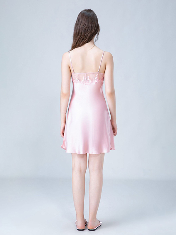 Pink Floral Lace Silk Cami Sleep Dress