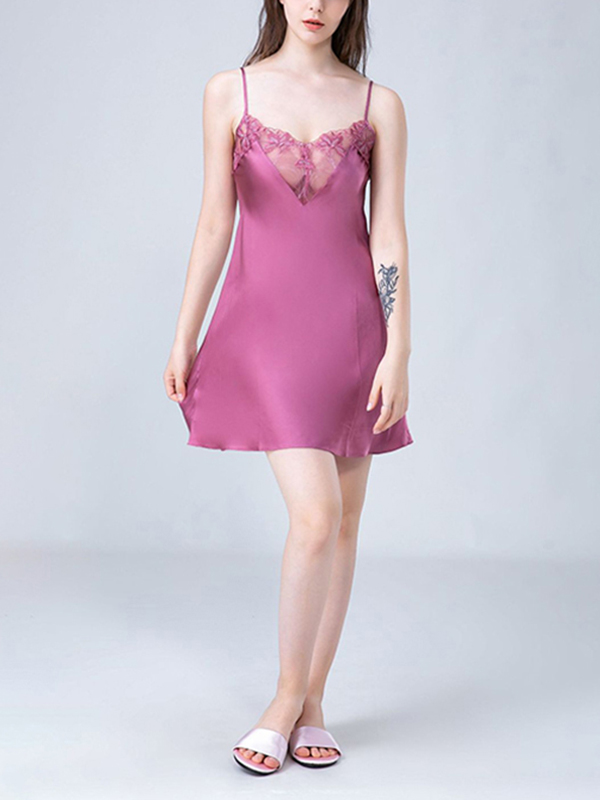 Purple Floral Lace Silk Cami Sleep Dress