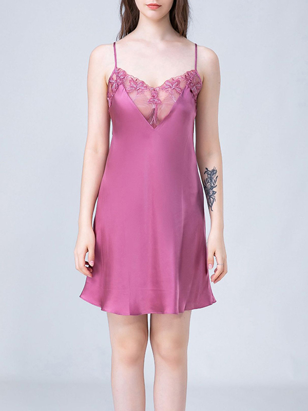 Purple Floral Lace Silk Cami Sleep Dress