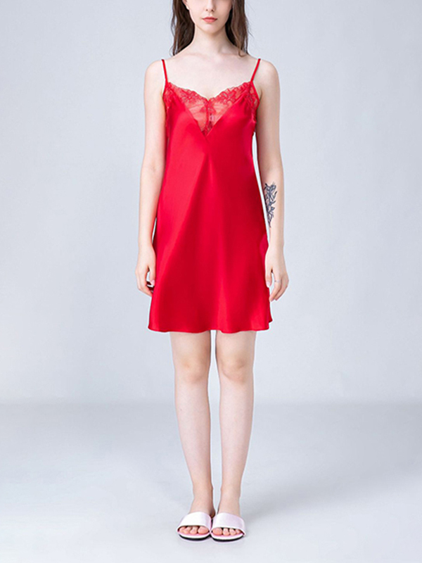 Red Floral Lace Silk Cami Sleep Dress