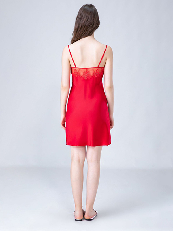 Red Floral Lace Silk Cami Sleep Dress