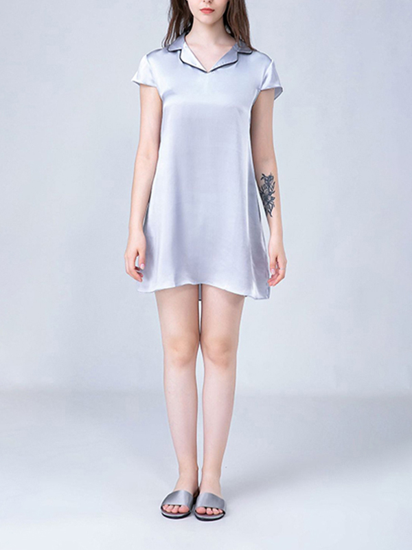 Gray Notched Collar A-line Silk Nightdress