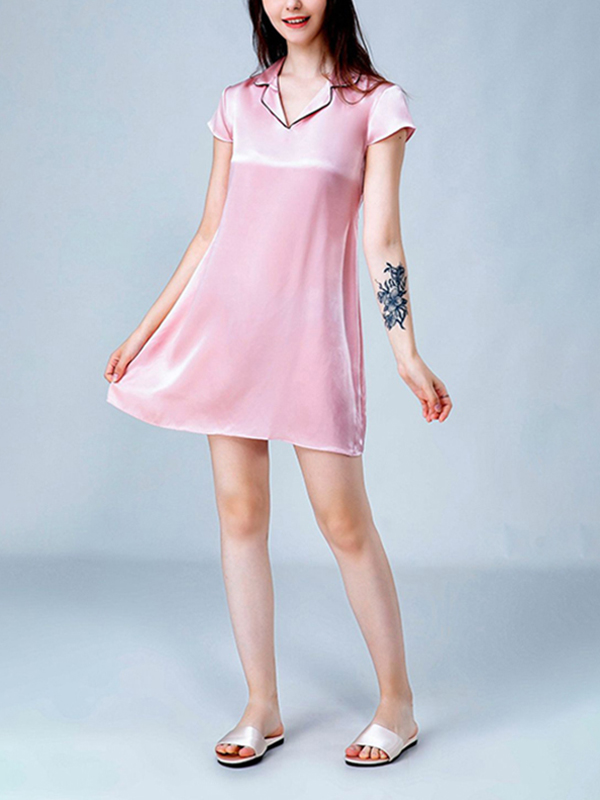 Pink Notched Collar A-line Silk Nightdress