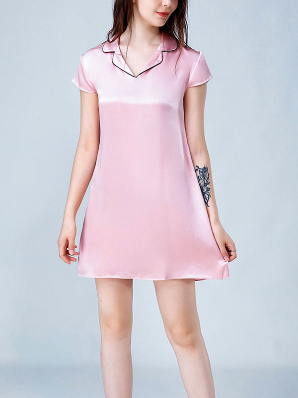 Pink Notched Collar A-line Silk Nightdress