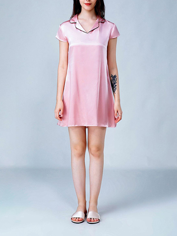 Pink Notched Collar A-line Silk Nightdress