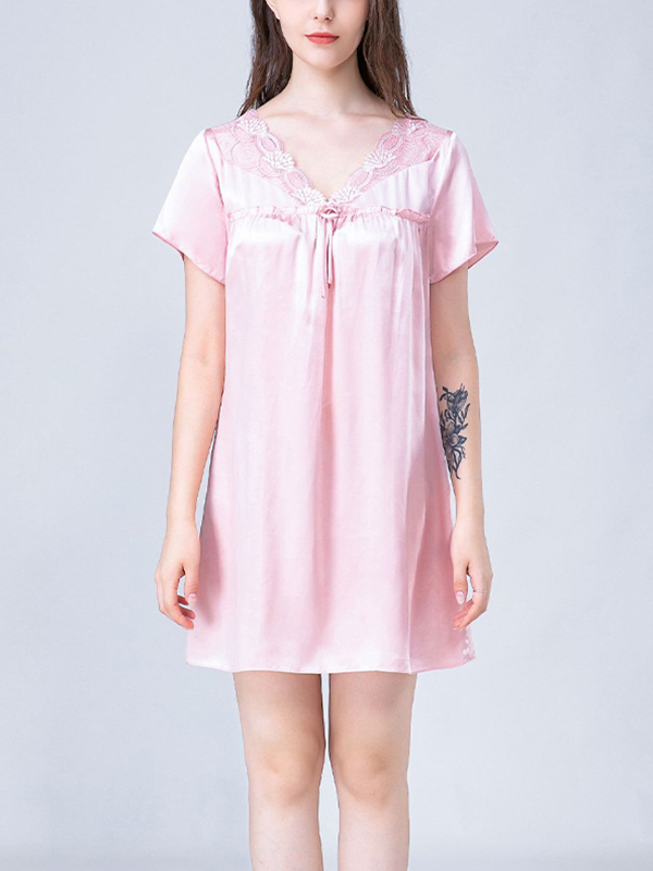 Pink Lace-up V-Neck Silk Nightdress