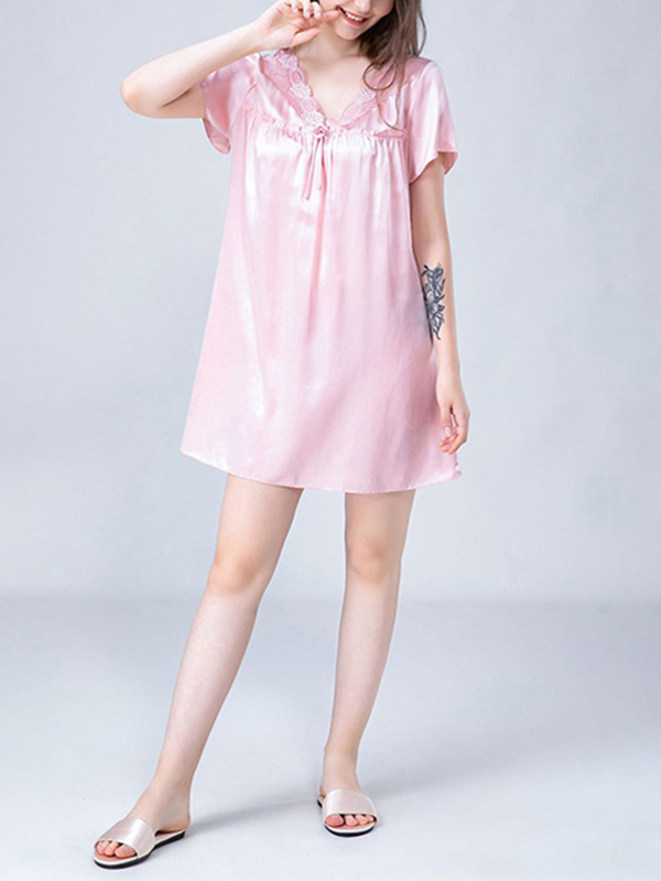 Pink Lace-up V-Neck Silk Nightdress