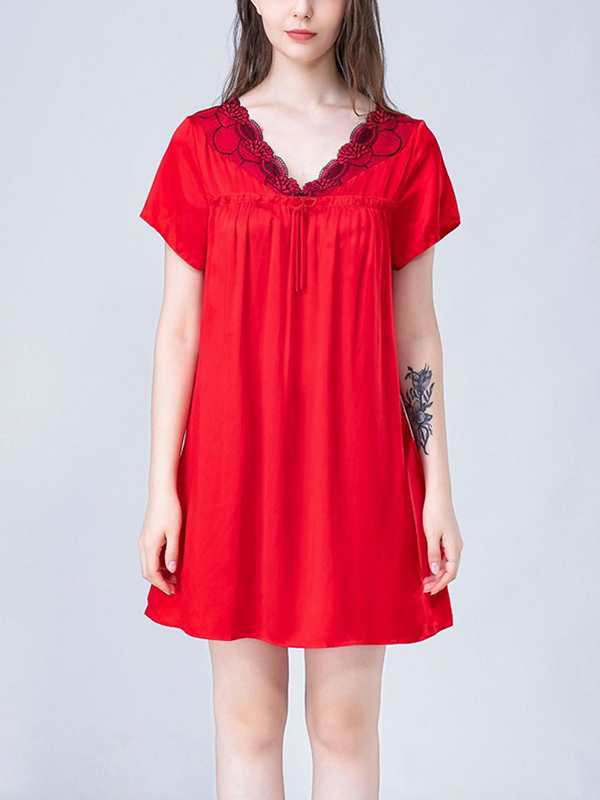 Red Lace-up V-Neck Silk Nightdress