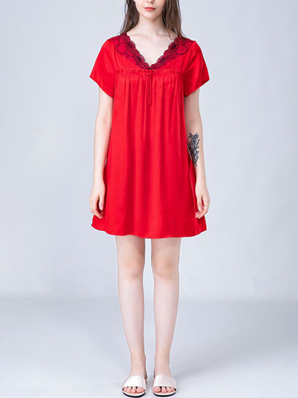 Red Lace-up V-Neck Silk Nightdress