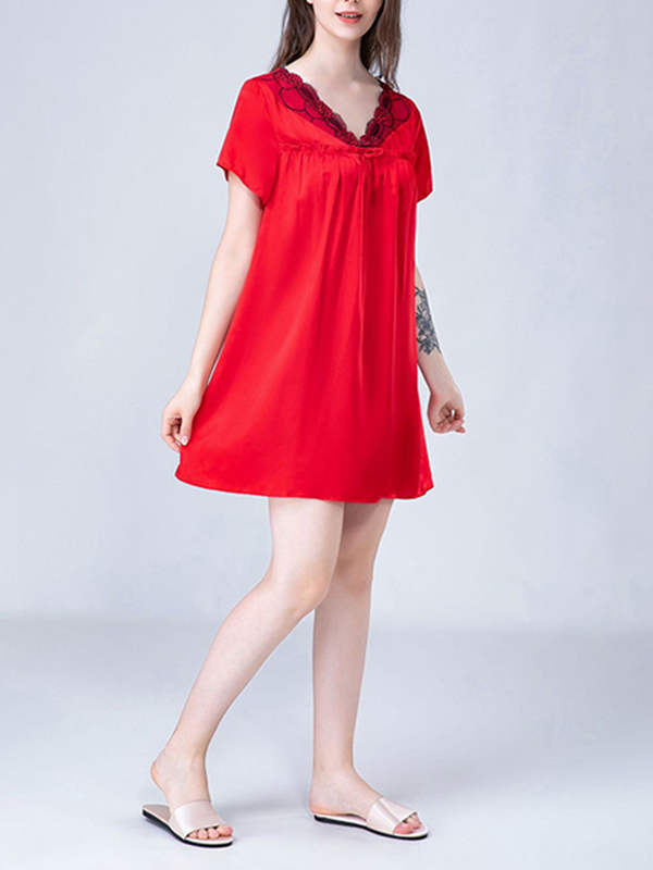 Red Lace-up V-Neck Silk Nightdress