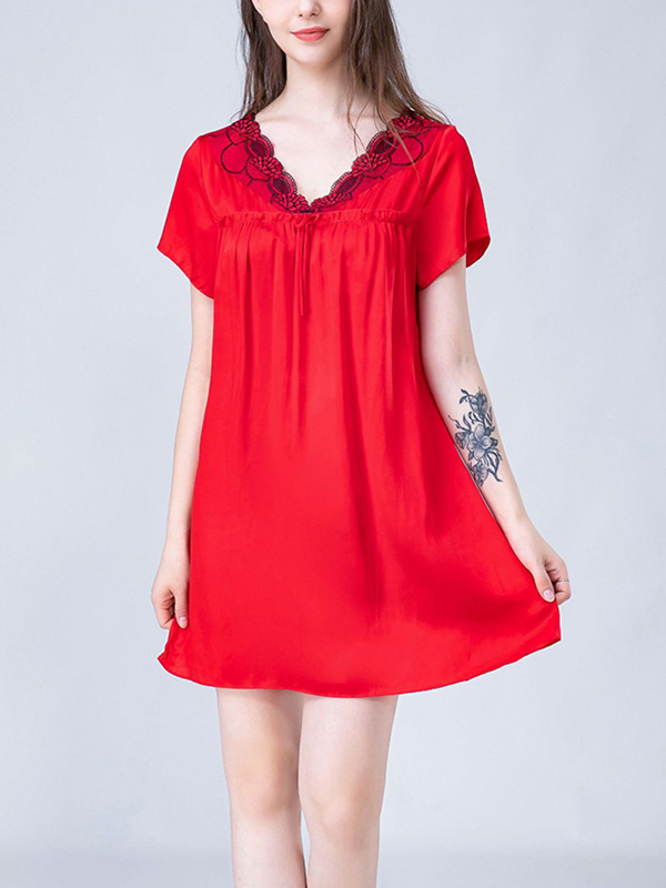 Red Lace-up V-Neck Silk Nightdress