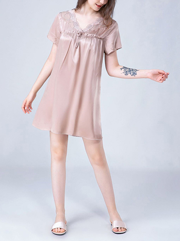 Coffee Lace-up V-Neck Silk Nightdress