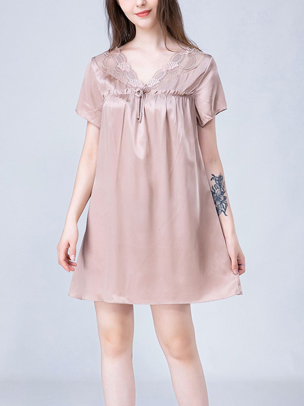 Coffee Lace-up V-Neck Silk Nightdress