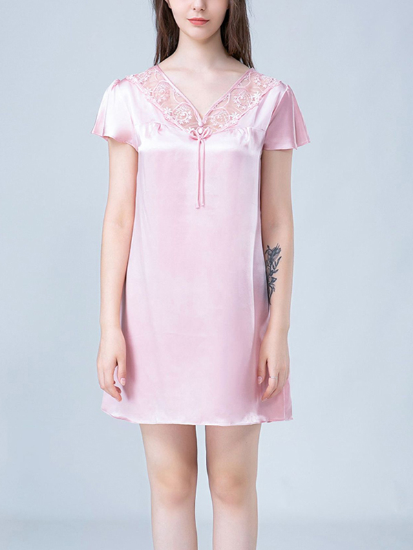 Pink V Neck Hollow Out Lace Silk Nightdress