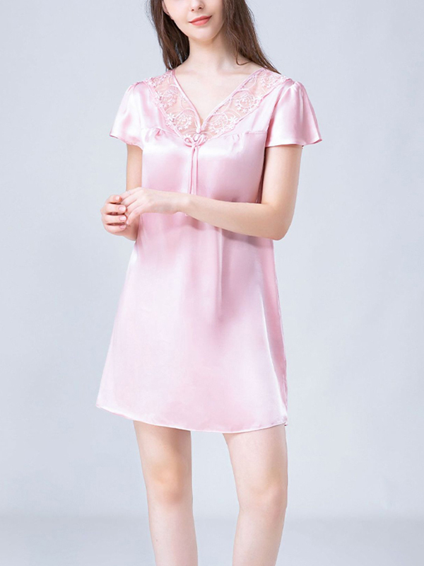 Pink V Neck Hollow Out Lace Silk Nightdress