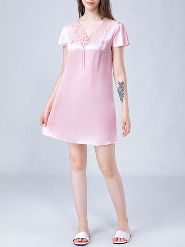 Pink V Neck Hollow Out Lace Silk Nightdress