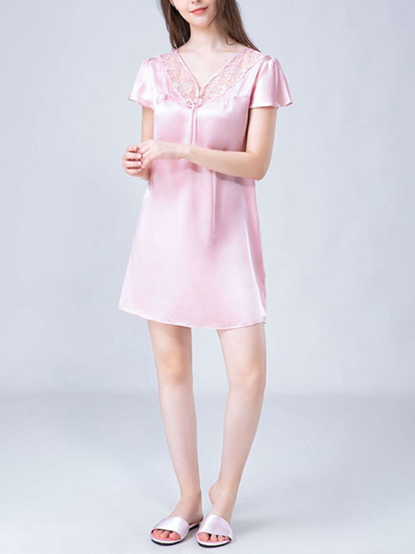 Pink V Neck Hollow Out Lace Silk Nightdress