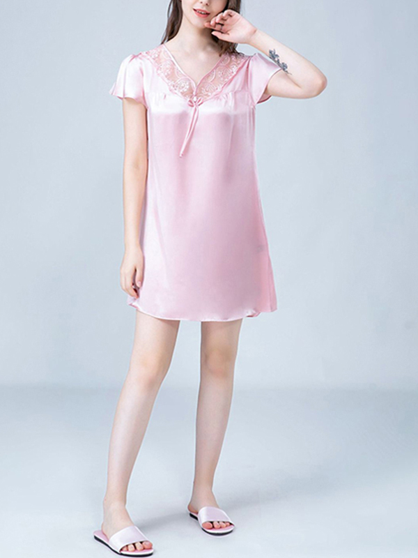 Pink V Neck Hollow Out Lace Silk Nightdress