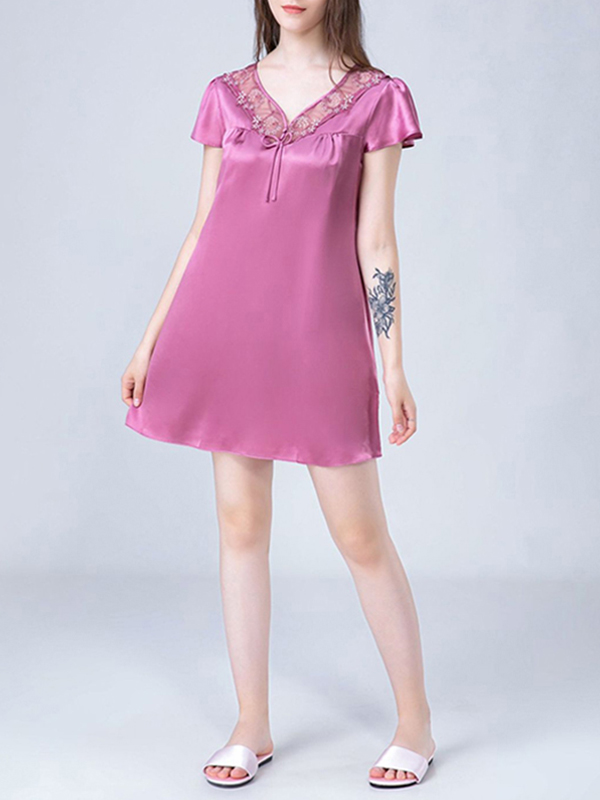 Purple V Neck Hollow Out Lace Silk Nightdress