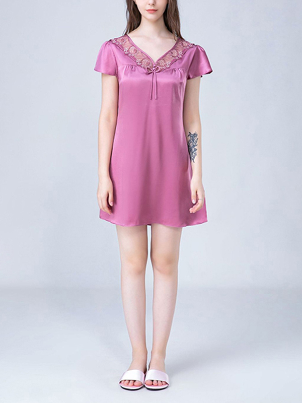 Purple V Neck Hollow Out Lace Silk Nightdress