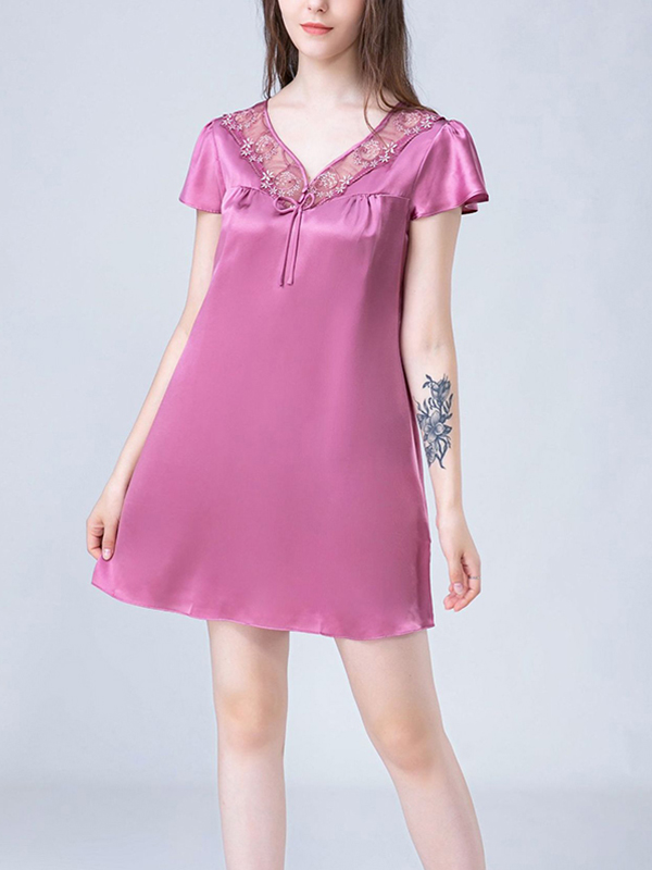 Purple V Neck Hollow Out Lace Silk Nightdress