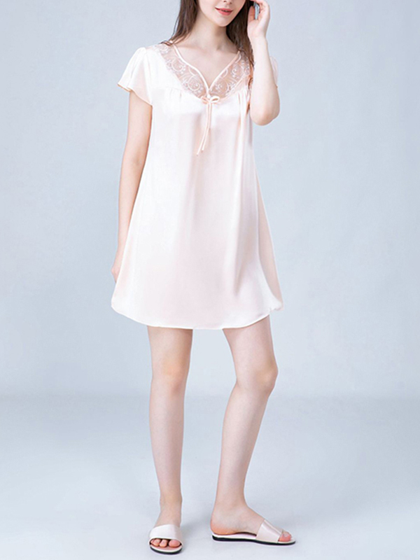 Beige V Neck Hollow Out Lace Silk Nightdress