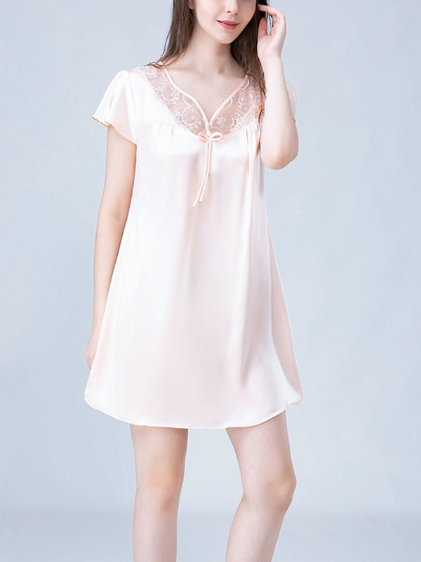 Beige V Neck Hollow Out Lace Silk Nightdress