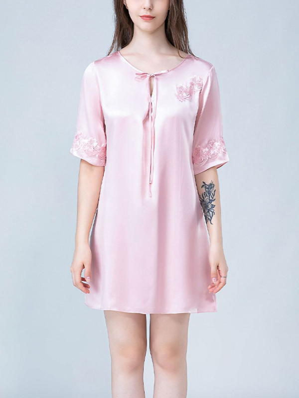 Pink Stitch Embroidery Half Sleeves Silk Nightdress