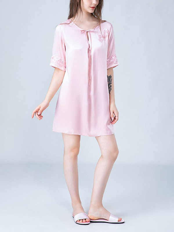 Pink Stitch Embroidery Half Sleeves Silk Nightdress