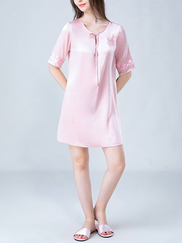 Pink Stitch Embroidery Half Sleeves Silk Nightdress