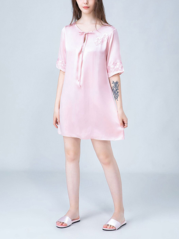 Pink Stitch Embroidery Half Sleeves Silk Nightdress