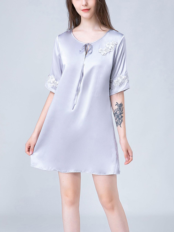 Gray Stitch Embroidery Half Sleeves Silk Nightdress