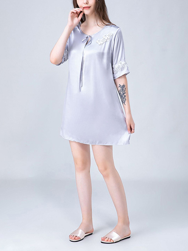 Gray Stitch Embroidery Half Sleeves Silk Nightdress