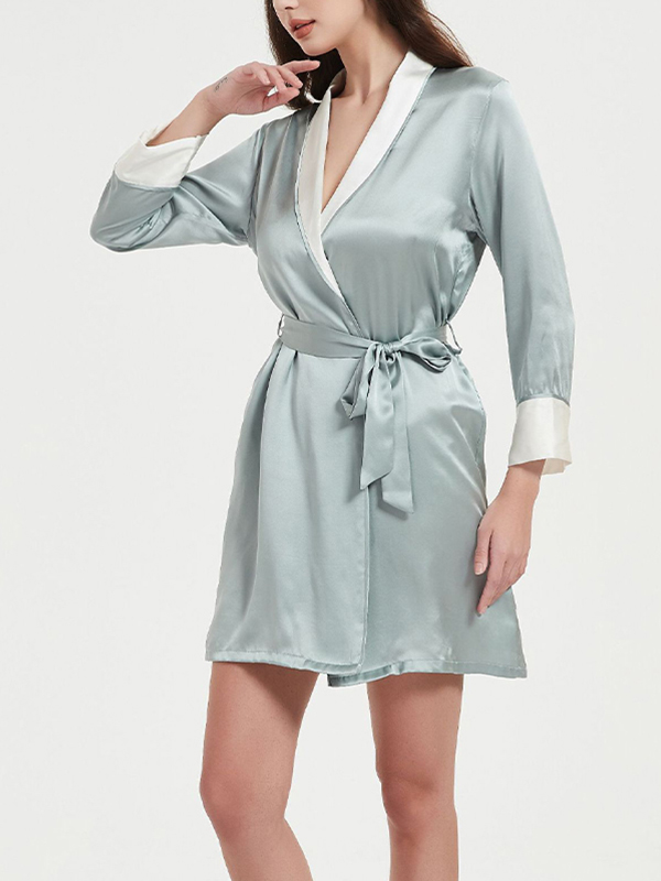 Blue Color Block Tie Waist Silk Robe