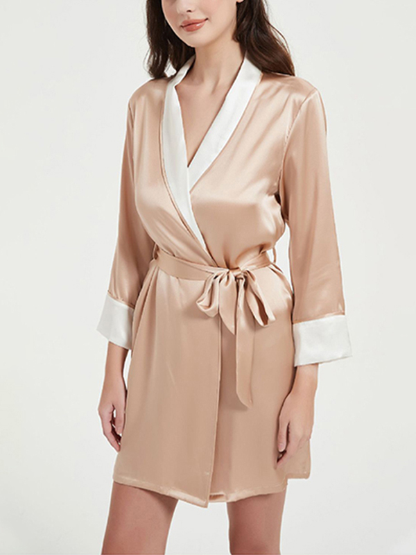 Champagne Color Block Tie Waist Silk Robe