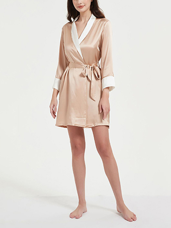 Champagne Color Block Tie Waist Silk Robe