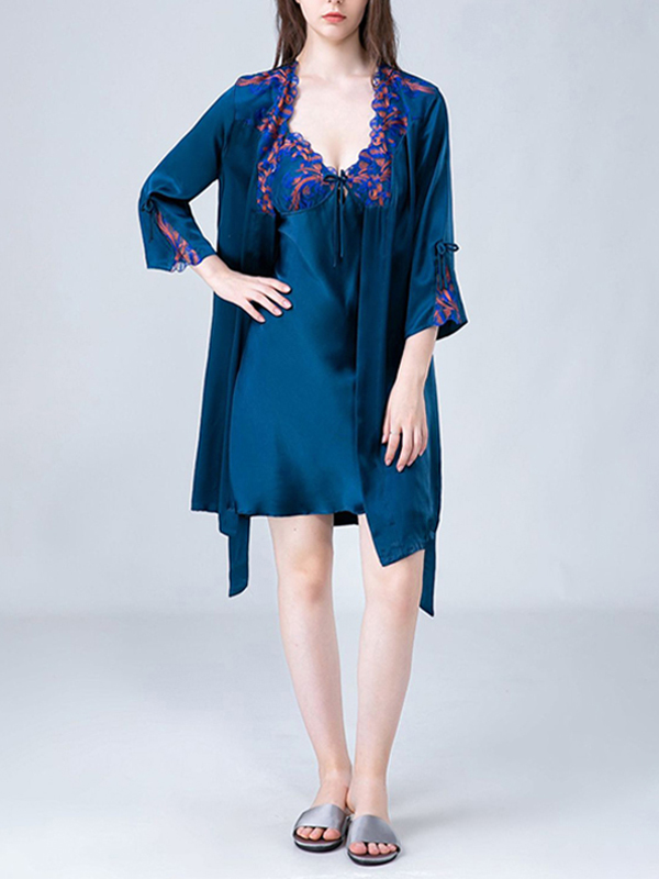 Navy Blue Embroidery Lace Nightdress and Robe Set