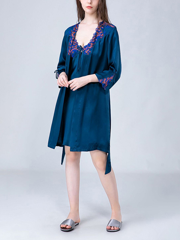 Navy Blue Embroidery Lace Nightdress and Robe Set