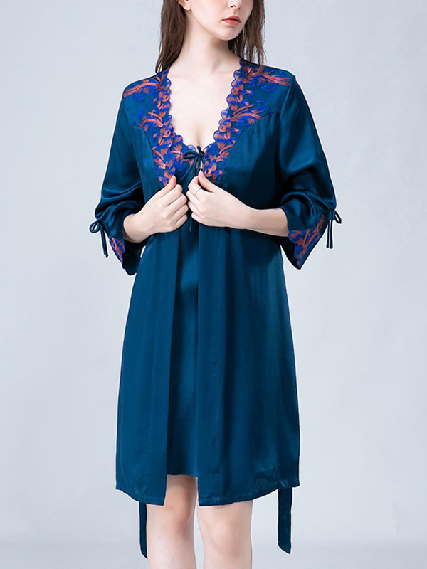 Navy Blue Embroidery Lace Nightdress and Robe Set