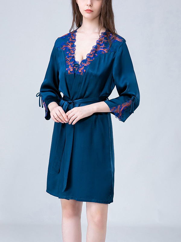 Navy Blue Embroidery Lace Nightdress and Robe Set