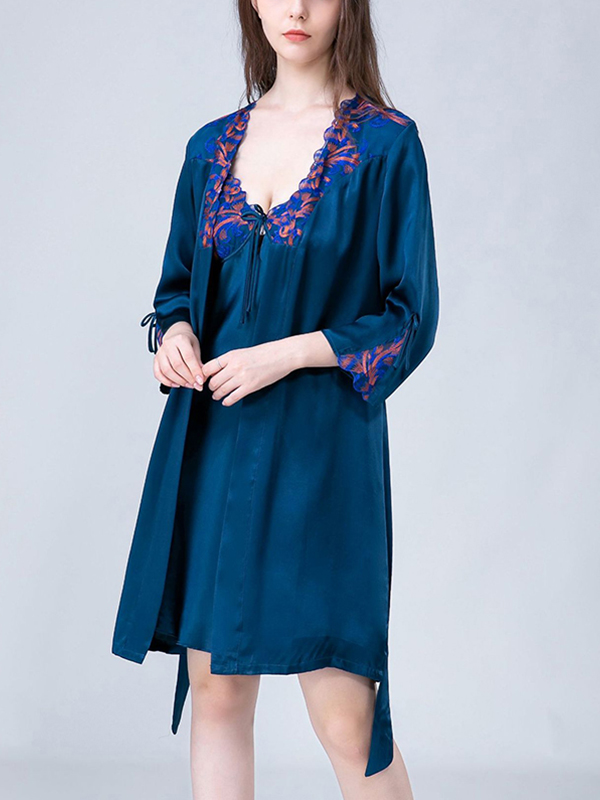 Navy Blue Embroidery Lace Nightdress and Robe Set