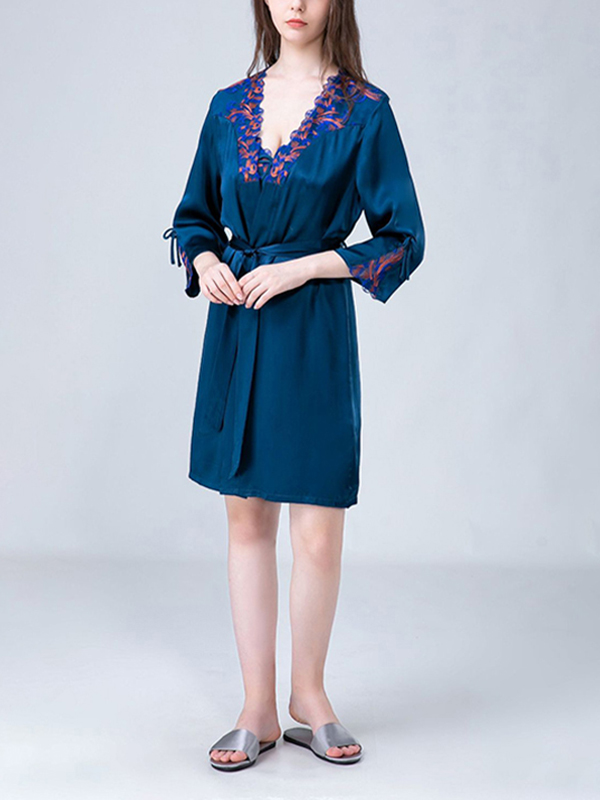 Navy Blue Embroidery Lace Nightdress and Robe Set